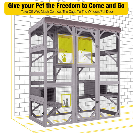 MEDEHOO Cat House Outdoor Catio Kitty Enclosure, Wooden Cat Cage Condo Indoor Playpen with Large Enter Door and Platforms for Kittens