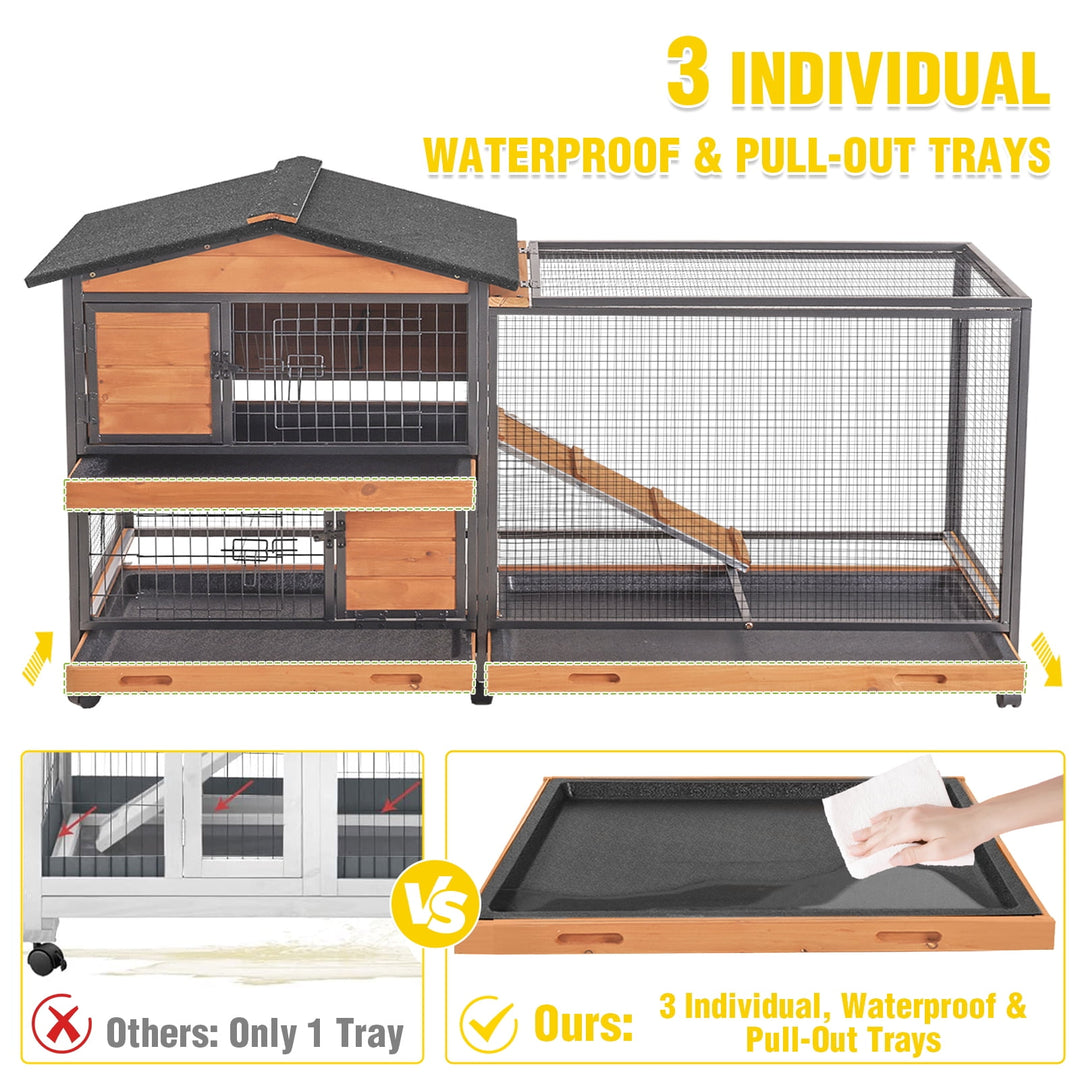 MEDEHOO 2-Story Rabbit Hutch with Chew-Proof Full Metal Frame for Indoor/Outdoor - 62" Bunny Cage with 6 Locking Casters &amp; 2 Pull-Out Trays for Rabbits, Guinea Pigs, Small Pets (Brown)