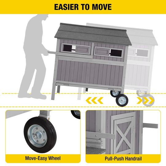 MEDEHOO Chicken Coop Upgrade Durable Outdoor Chicken House with Large Wheels, Nesting Box, Leakproof Pull-on Tray and UV-Resistant Roof Panel (Grey)