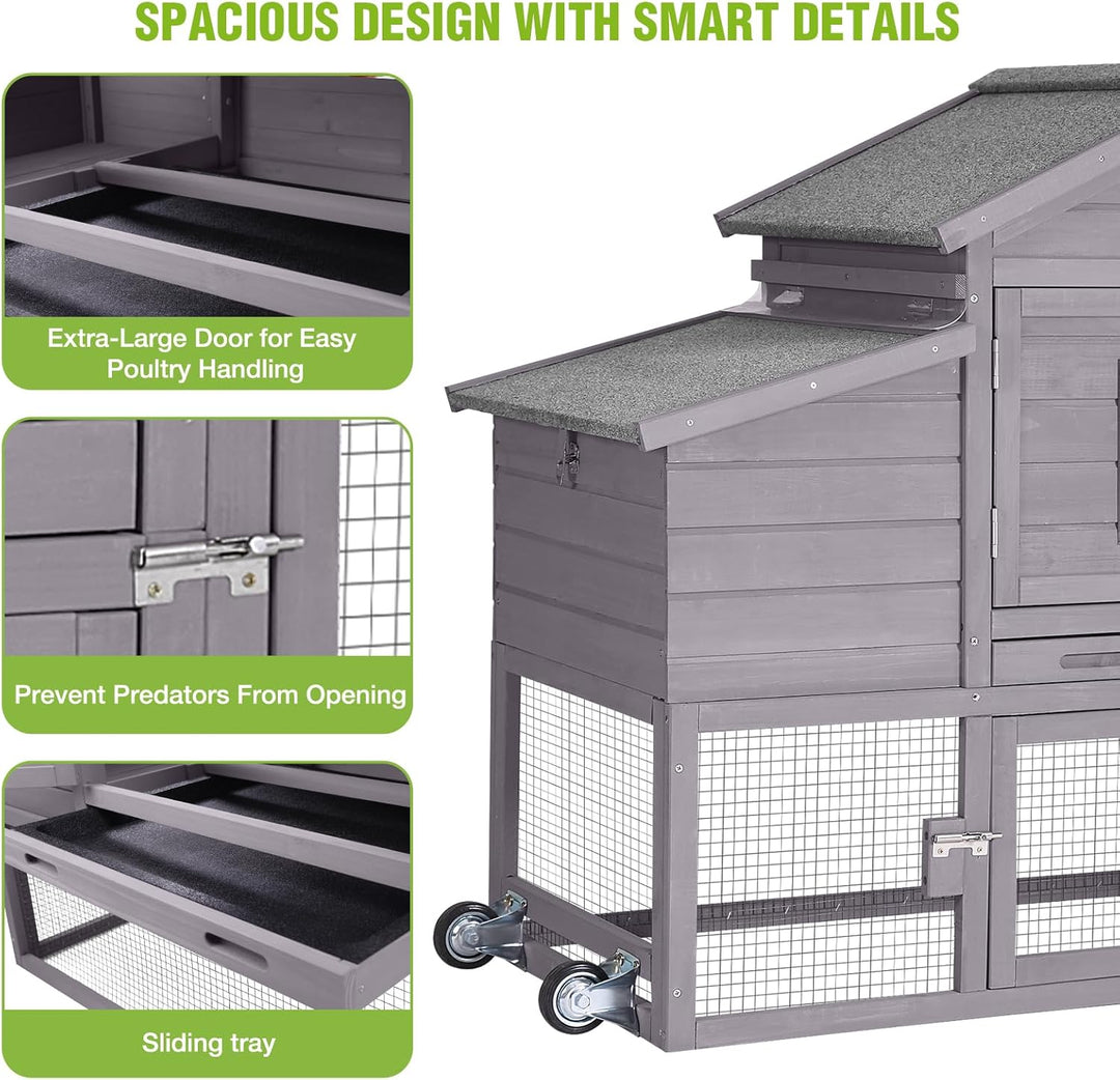 MEDEHOO Large Chicken Coop on Wheels, Expandable Outdoor Mobile Chicken House, Hen House Poultry Cage with Nesting Box, Leakproof Pull-Out Tray &amp; UV-Resistant Roof – Grey AIR23-W-A-WM