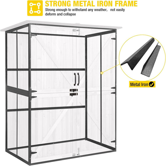 MEDEHOO Storage Shed Outdoor Storage Cabinet Upgraded with All Arounded Metal Frame, Wooden Floor and Adjustable Shevels 55" L x 29" W x 67" H, Off-White