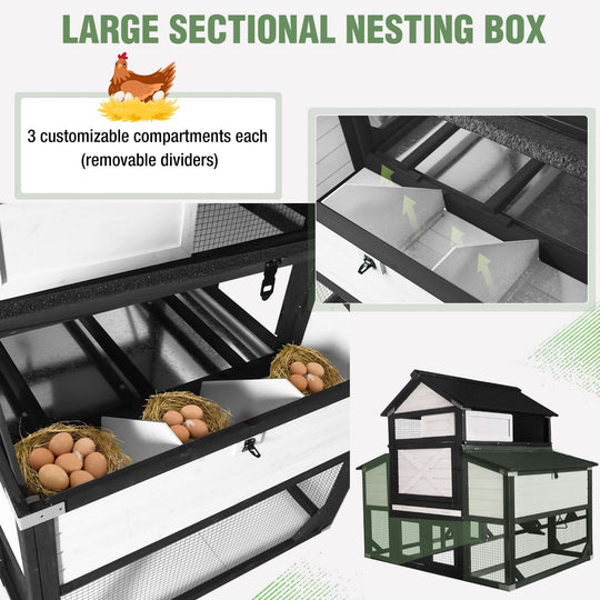 MEDEHOO Extra Large Wooden Chicken Coop for 8-10 Chickens, Reinforced Outdoor Hen House with Extended Run, 6 Nesting Boxes, Easy Clean Pull-Out Tray, Waterproof Asphalt Roof - Black, 118" L