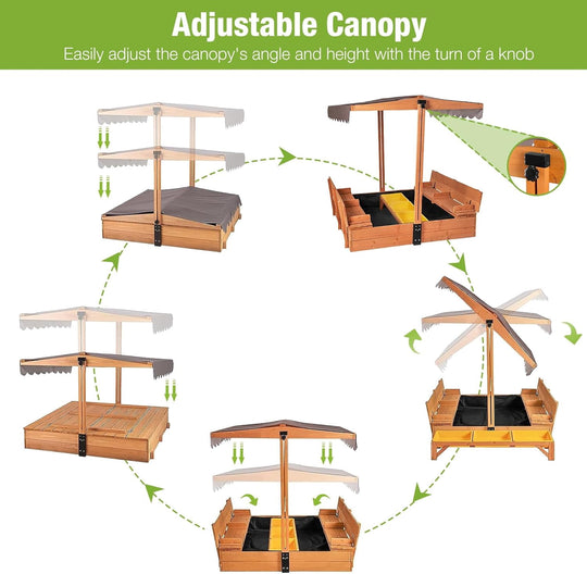MEDEHOO Kids Sand Boxes with Lid and Canopy, Outdoor Sandboxes with Cover, Foldable Bench Seats, Retractable Roof, Sand Table for Kids Ages 4-8 (Brown with Toy Bins)