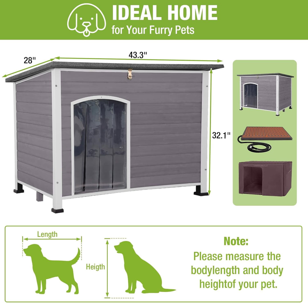 MEDEHOO Extra Large Heated Dog House Outdoor XL Insulated Dog House Weatherproof Dog Kennel with Safe Heating Pad, Thermal Liner, Chew-Proof Metal Frame for Large Dogs, 43.3" L×29.4" D×33.4" H MAR-AIR43M-HP-WM