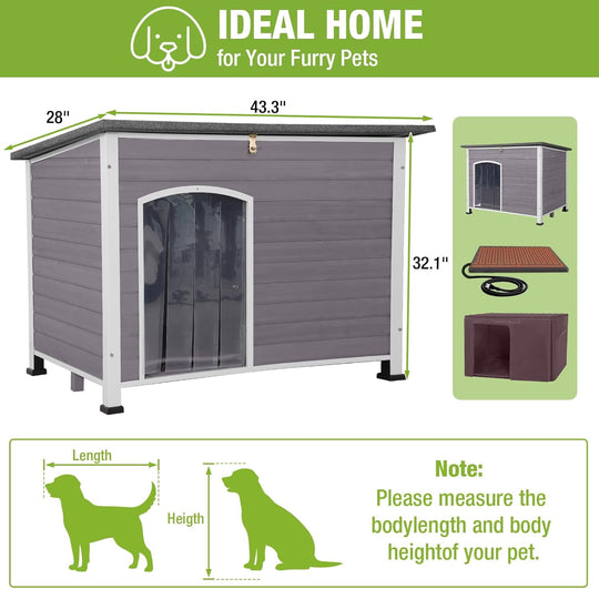 MEDEHOO Extra Large Heated Dog House Outdoor XL Insulated Dog House Weatherproof Dog Kennel with Safe Heating Pad, Thermal Liner, Chew-Proof Metal Frame for Large Dogs, 43.3" L×29.4" D×33.4" H MAR-AIR43M-HP-WM