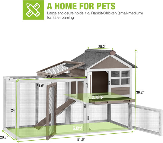 BUTINGLALE Rabbit Hutch Chicken Coop Expandable Indoor Bunny Cage Outdoor Guinea Pig Cage with Run 51.6" L, Brown XZ7002-B-N-WM