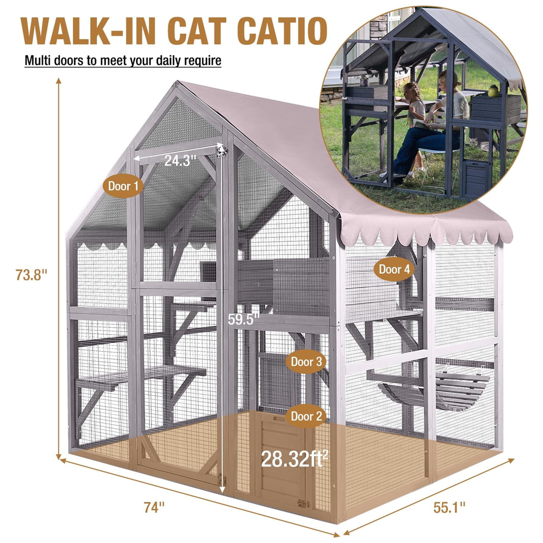 MEDEHOO Cat House Outdoor Catio for Cat Enclosure Large Kitty Shelter with Waterproof Cover, Platforms,55" Kitty Playpen