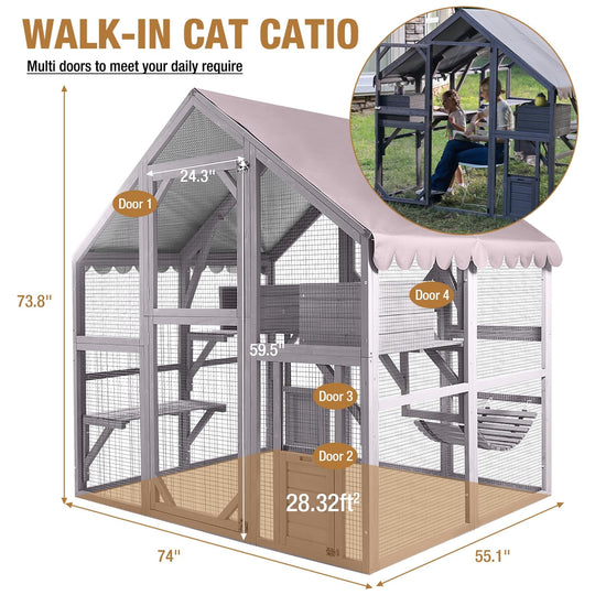 MEDEHOO Cat House Outdoor Catio for Cat Enclosure Large Kitty Shelter with Waterproof Cover, Platforms,55" Kitty Playpen