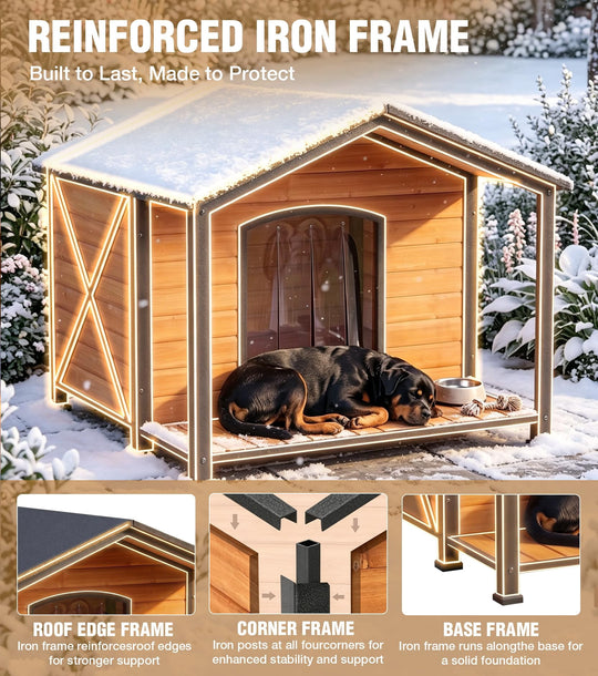 MEDEHOO Extra Large Heated Dog House Outside with Full Iron Frame and Covered Porch Reinforced Outdoor Dog Kennel with Asphlat Roof PVC curtain for Medium to Large Breed AIR89-IN-HP-AD-4-WM