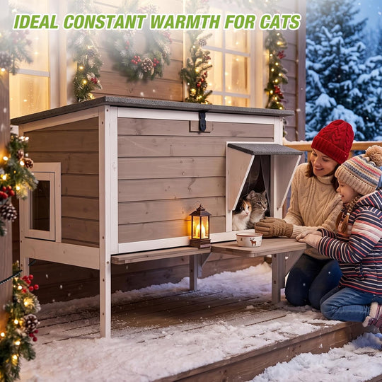 Heated Outdoor Cat House with Heating Pad and 6-Sided Insulation for Feral and Stray Cats, Brown AIR91-WB-HP-GE