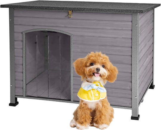 MEDEHOO Indoor Outdoor Dog House, Anti-Chewing Iron Frame Dog Kennel, Wood Warm Pets Home,Weatherproof Outside Shelter for Feral Animal 33.5" (L) X 22" (W) X 25.2" (H) Grey AIR073-WM
