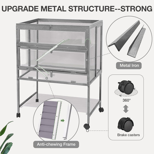MEDEHOO Guinea Pig Cage, Moveable Metal Frame Hamster Cage Anti-Chewing with Aluminium Alloy Edge, Hideouts, Ramps, Seesaws Chewing Toy, Deeper Pull-Out Leakproof Tray for Indoor Outdoor(Grey)