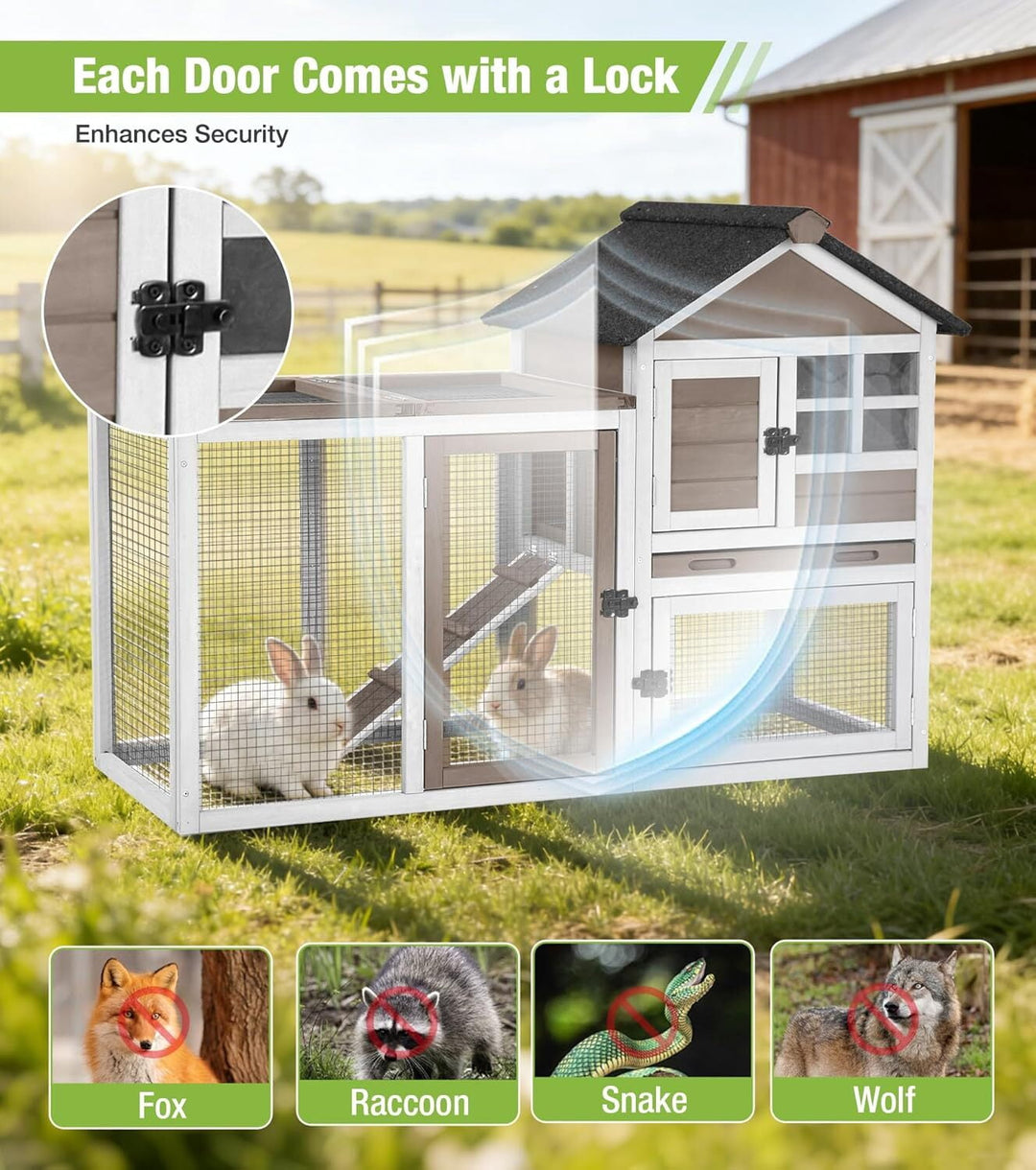 MEDEHOO Rabbit Hutch Outdoor Rabbit Cage Indoor 51.6" L Waterproof Bunny Cage with Chew-Proof Ramp and Lockable Doors for Indoor Outdoor Use Grey