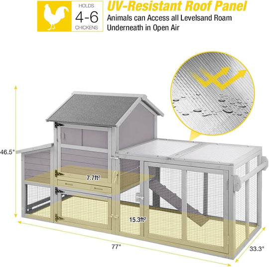 MEDEHOO Expandable Mobile Chicken Coop with Wheels for 4–6 Chickens, Reinforced Nesting Box, Full-Cover UV Roof, Weatherproof Outdoor Hen &amp; Duck House with Metal Tray, 77" L x 33.3" W x 46.5" H NAIR27-WM