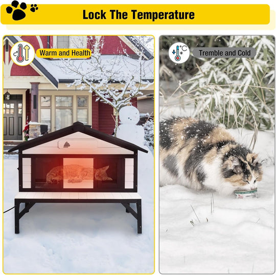 MEDEHOO Heated Cat House for Outside Large Outdoor Cat House Insulated Weatherproof Feral Cat Shelter with Heating Pad, Insulated Thermal Liner, Chewproof Cable for 1-4 Cats, Winter-Ready (Black)