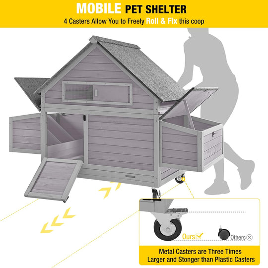 MEDEHOO Portable Chicken Coops Poultry Cage with Wheels, Outdoor Hen House with Nesting Box, Outdoor Duck House Weatherproof Mobile Chicken House with Wheels AIR67-WM2