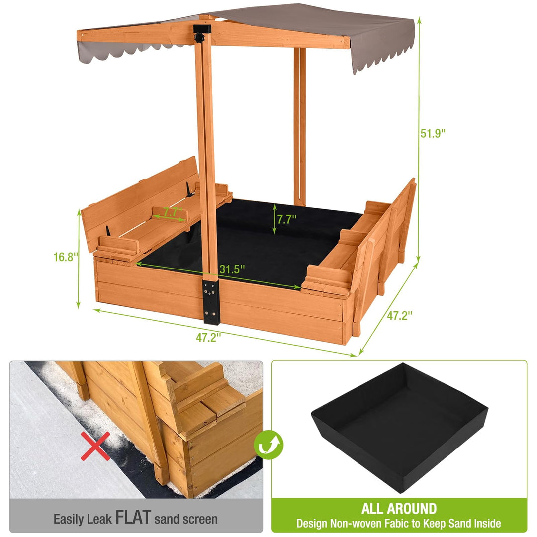 MEDEHOO Sandbox for Kids with Lid and Canopy, Sand Boxes with Covers Foldable Bench Seats, Children Outdoor Wooden Playset - Retractable Roof