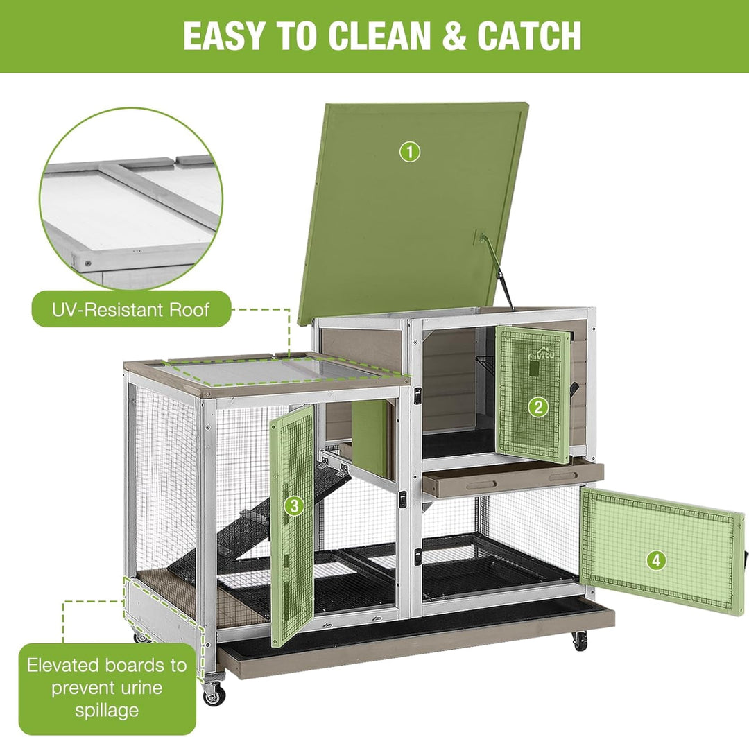 MEDEHOO Rabbit Hutch Rabbit Cage Pet Bunny House Cage with Casters Urine Baffles,4 Metal Wheels,2 Deeper Trays(Mocca Color) AIR36-00J