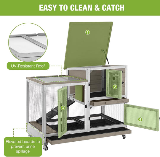 MEDEHOO Rabbit Hutch Rabbit Cage Pet Bunny House Cage with Casters Urine Baffles,4 Metal Wheels,2 Deeper Trays(Mocca Color) AIR36-00J