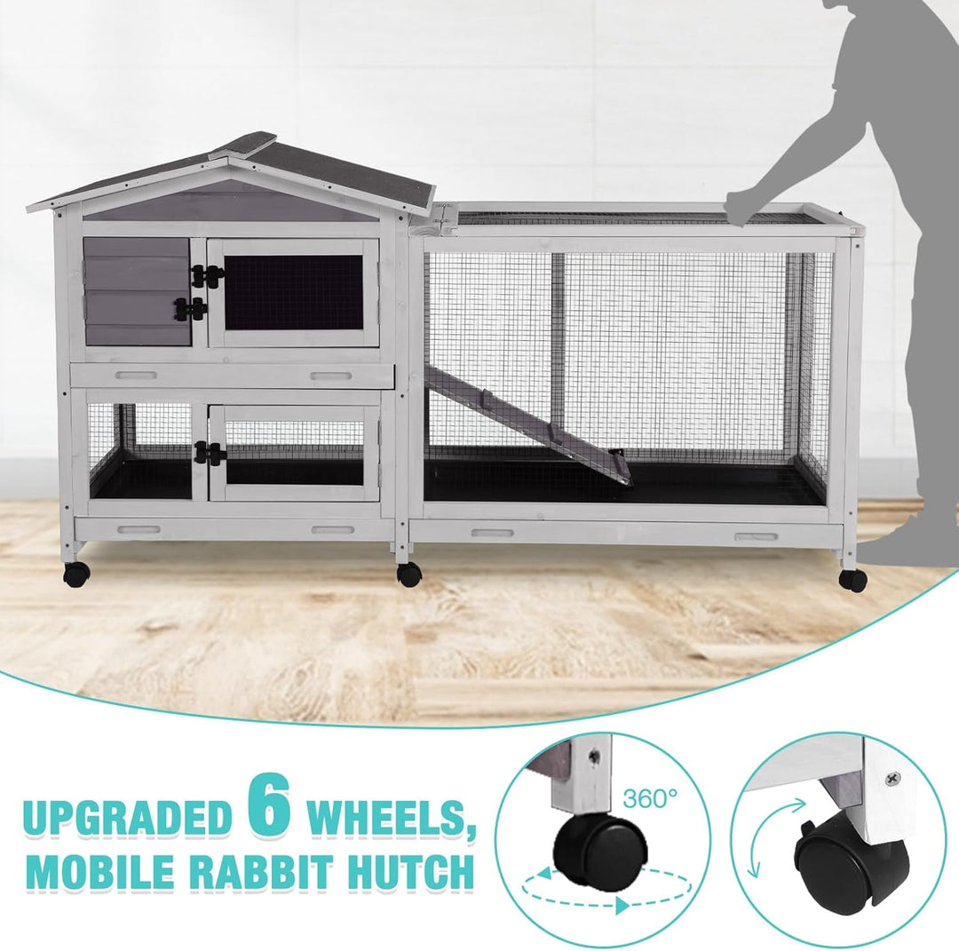 BUTINGLALE 62" Rabbit Hutch with Chew-Proof Ramp &amp; Waterproof Roof - Indoor/Outdoor Bunny Cage, 2-Story Design, 6 Lockable Caster Wheels &amp; Dual Pull-Out Trays (Grey) RH-AIR19-MA
