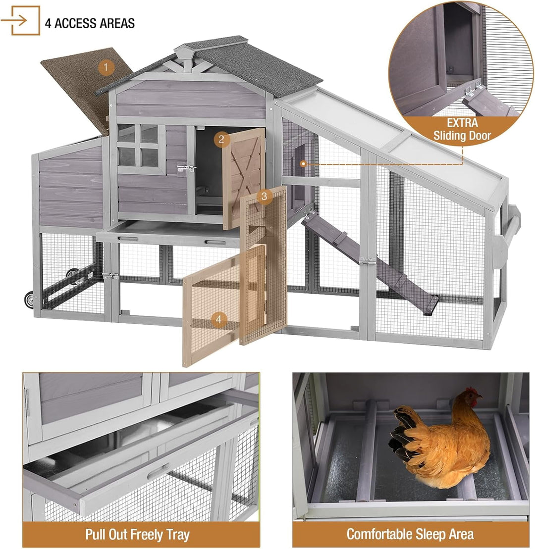 MEDEHOO 73.4" Large Chicken Coop with Wheels for Outdoor, Mobile Chicken House with Nest Box &amp; Removable Tray for 2-5 Chickens, Weatherproof Poultry Cage, Gray SKY32-D-WM