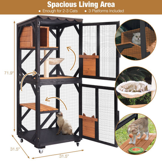 MEDEHOO 3-Tier Outdoor Catio with Wheels, Wooden Cat Enclosure with 4 Lockable Wheels &amp; Removable Hammock, Window Cat House for Multiple Cats, 63" Black
