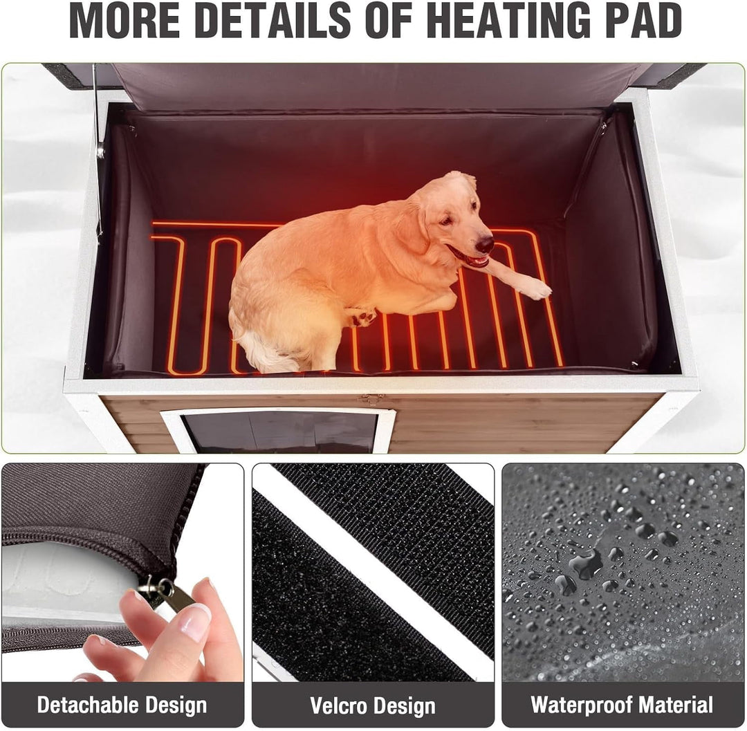 MEDEHOO 43.3" Heated Dog House Outdoor, XL Insulated Weatherproof Kennel with Heating Pad &amp; Chew-Proof Metal Frame DH76-MB-IN-HP-4DML-WM2