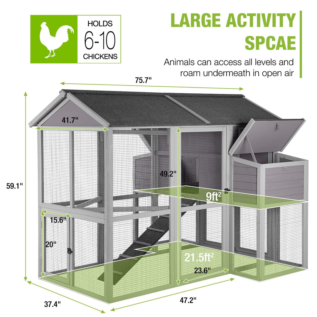 BUTINGLALE Chicken Coop with Large Nesting Boxes Outdoor Hen House with 30.5ft² Sleeping Area and Run for 6 to10 Chickens 75.7" L x 65.7" W x 59.1" H AIR48-N