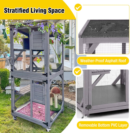 MEDEHOO 71" Large Catio Outdoor Cat Enclosure, Mobile Catio Enclosure Indoor On Wheels with Scratch Post, Hammock, Resting Box, Platform, Tarp Roof