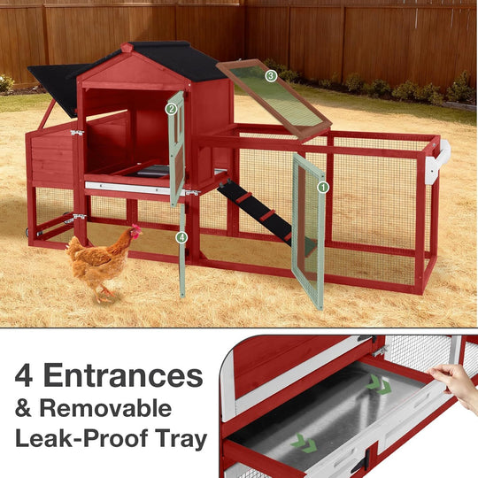 MEDEHOO Mobile Chicken Coop with Wheels, Wooden Chicken Coop with Nesting Box &amp; Removable Tray, Easy-Clean Outdoor Chicken House Duck House for 2–3 Chickens (Red) AIR72-R-D14-WM