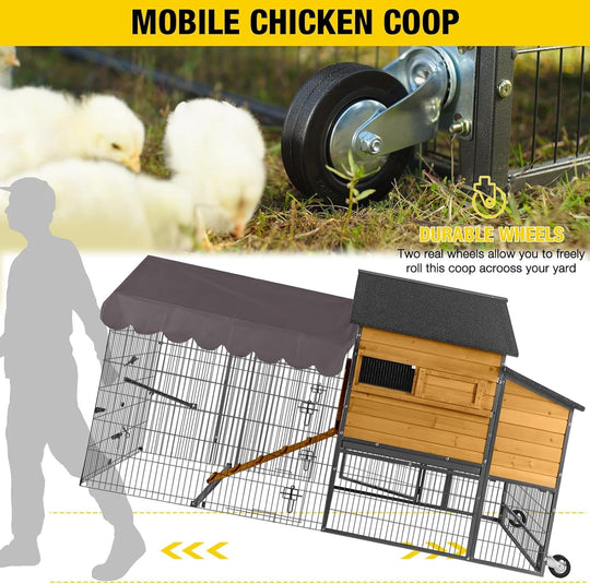 MEDEHOO 85.6" Mobile Chicken Coop, Large All-Steel Frame Hen House for 6-8 Chickens Poultry Cage with Nesting Box, Waterproof Rain Cover Duck Coop