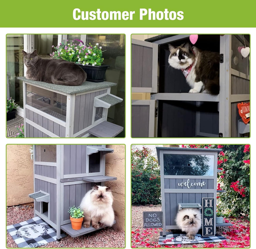 MEDEHOO 2-Story Outdoor Cat House, Weatherproof Feral Cat Shelter, Wooden Cat Cage for Outdoor and Indoor Cats Gray