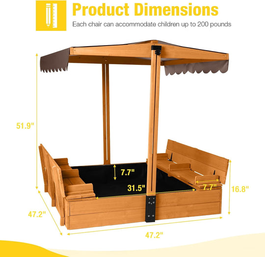 MEDEHOO Kids Sandbox with Lid Sand Box with Cover,Foldable Bench Seats, Adjustable Height Roof,Bottom Liner GUT05-003J-WM