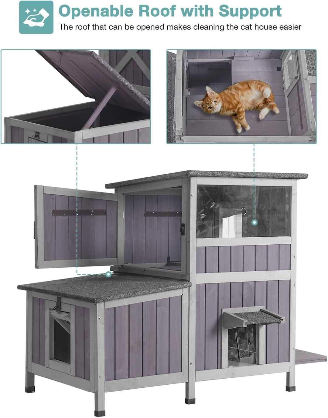 MEDEHOO Outdoor Cat House Weatherproof, Two-Story Wooden Cat Shelter with Escape Door, PVC Curtains, Removable Floor &amp; Waterproof Roof, Raised Outside Cat House for Feral Cats