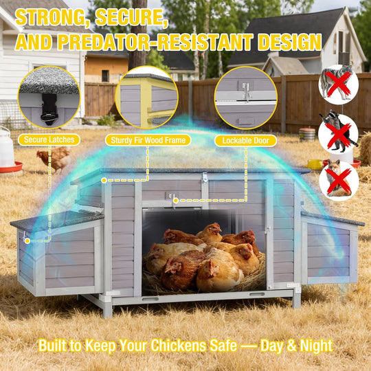 MEDEHOO Large Chicken Coop for 4-6 Chickens, Reinforced Outdoor Wooden Hen House with 4 Sectionable Nesting Box, Easy Clean Pull-Out Tray, Waterproof Asphalt Roof - Grey