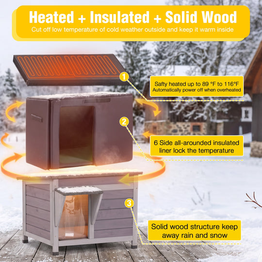 MEDEHOO Heated Outdoor Cat House with Heating Pad and Washable Insulated Liner, Wooden Shelter for 1–2 Cats