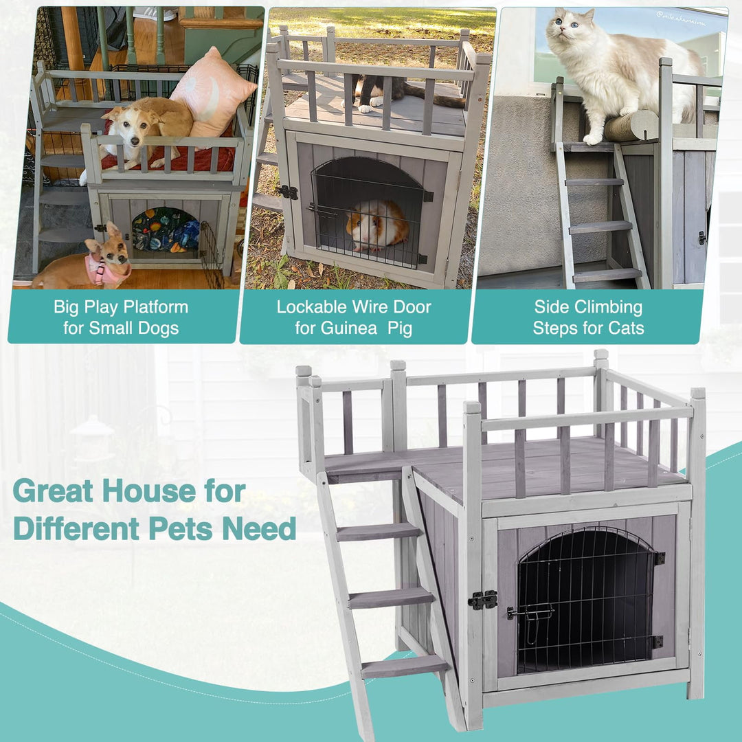MEDEHOO Wooden Cat House Outdoor Kitty Shelter Pet Houses with Stairs, 2 Storys