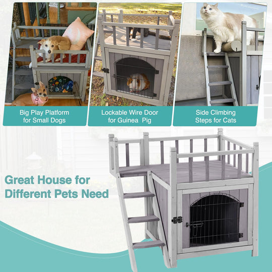 MEDEHOO Wooden Cat House Outdoor Kitty Shelter Pet Houses with Stairs, 2 Storys