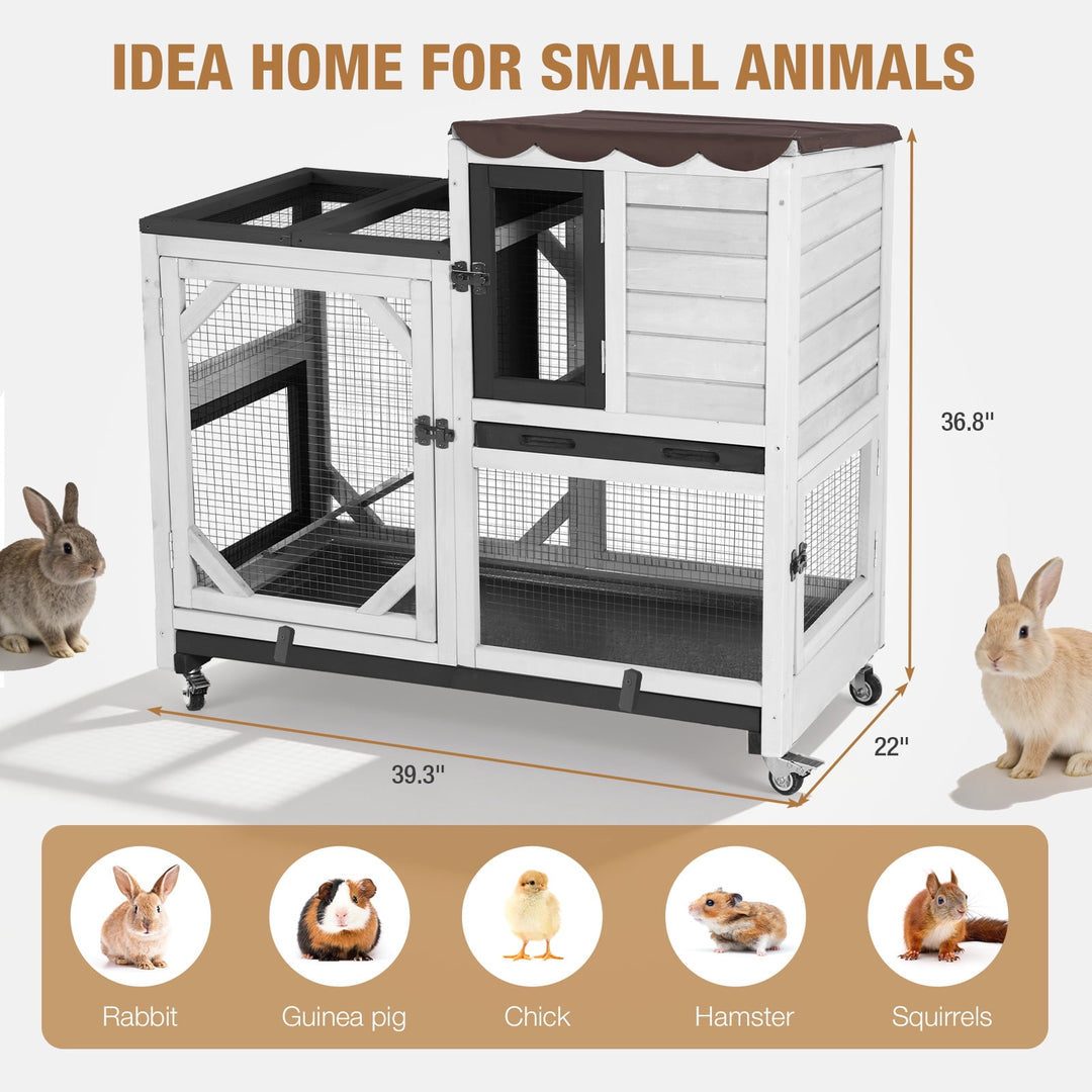 MEDEHOO 39" 2-Story Rabbit Hutch, Wooden Bunny Cage with Chew-Proof Ramp, 2 Leak-Proof Pull-Out Trays and Lockable Wheels for Guinea Pigs &amp; Small Pets, Black&amp;White