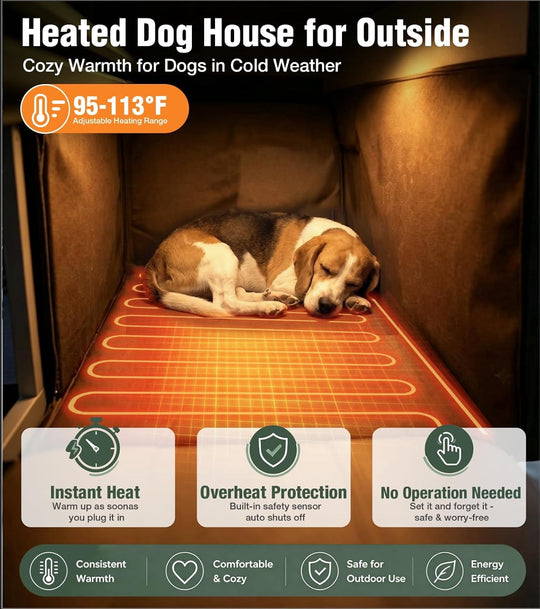 MEDEHOO Heated Dog House with Heating Pad &amp; Anti-Chewing Metal Frame, Insulated Wooden Dog Kennel with Unique Design Roof, Weatherproof Dog House for Indoor &amp; Outdoor Use