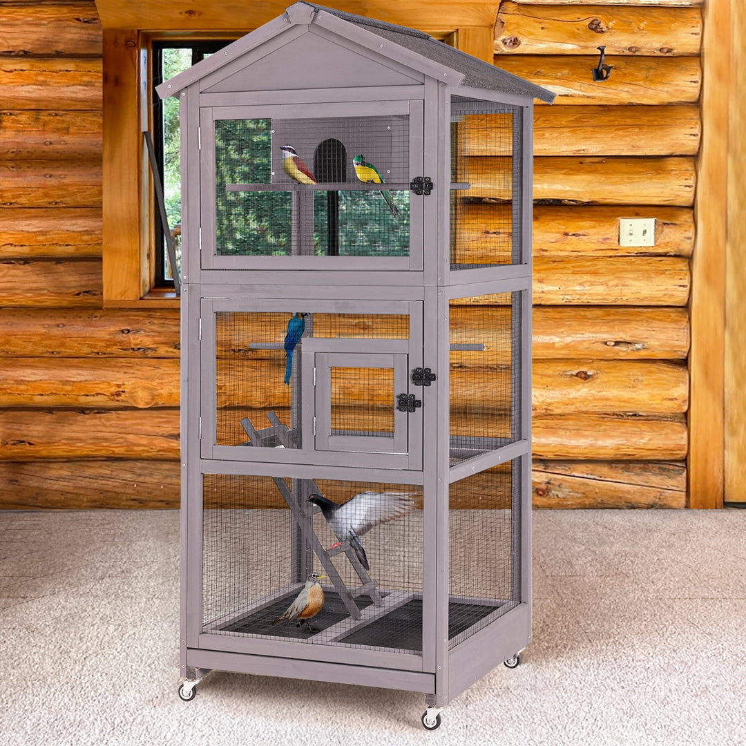 MEDEHOO 71'' Large Wooden Birdcages with Stand, Movable Aviary Flight Cage for Parakeets, Cockatiel, Parrot, Finch, Canary