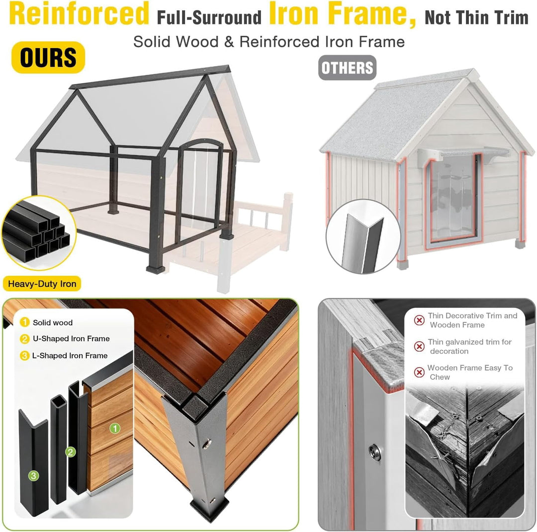 MEDEHOO 45"D Heated Dog House Outdoor, Insulated Weatherproof Shelter with Chew-Proof Metal Frame &amp; Porch (Brown)
