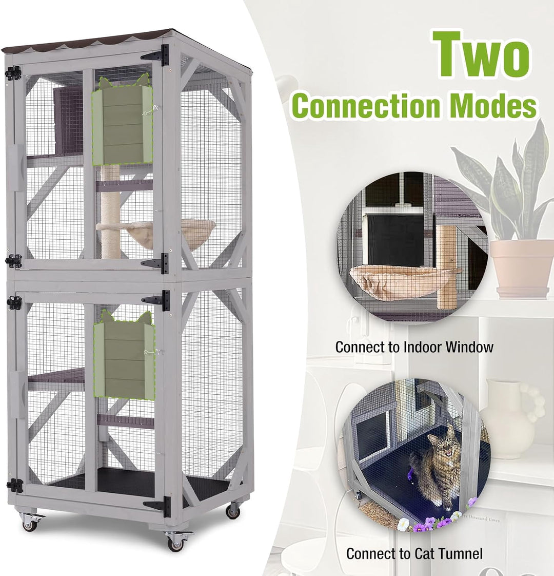 MEDEHOO 3-Tier Outdoor Catio with Wheels, Wooden Cat Enclosure with 4 Lockable Wheels &amp; Removable Hammock, Window Cat House for Multiple Cats, 63" Gray