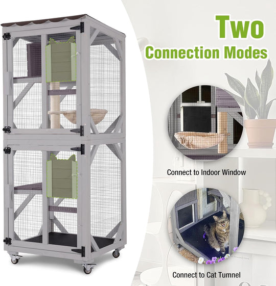 MEDEHOO 3-Tier Outdoor Catio with Wheels, Wooden Cat Enclosure with 4 Lockable Wheels &amp; Removable Hammock, Window Cat House for Multiple Cats, 63" Gray