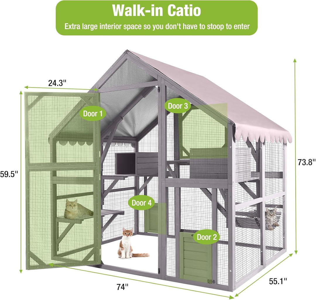 BUTINGLALE Catio Outdoor Cat Enclosures Wooden Cat House with Rest Houses, Platforms, Bridge, and Waterproof UV Cover - 55" D AIR52-MJ