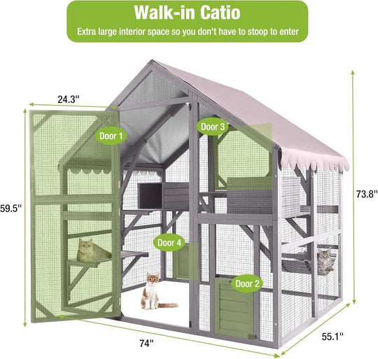 BUTINGLALE Catio Outdoor Cat Enclosures Wooden Cat House with Rest Houses, Platforms, Bridge, and Waterproof UV Cover - 55" D AIR52-MJ