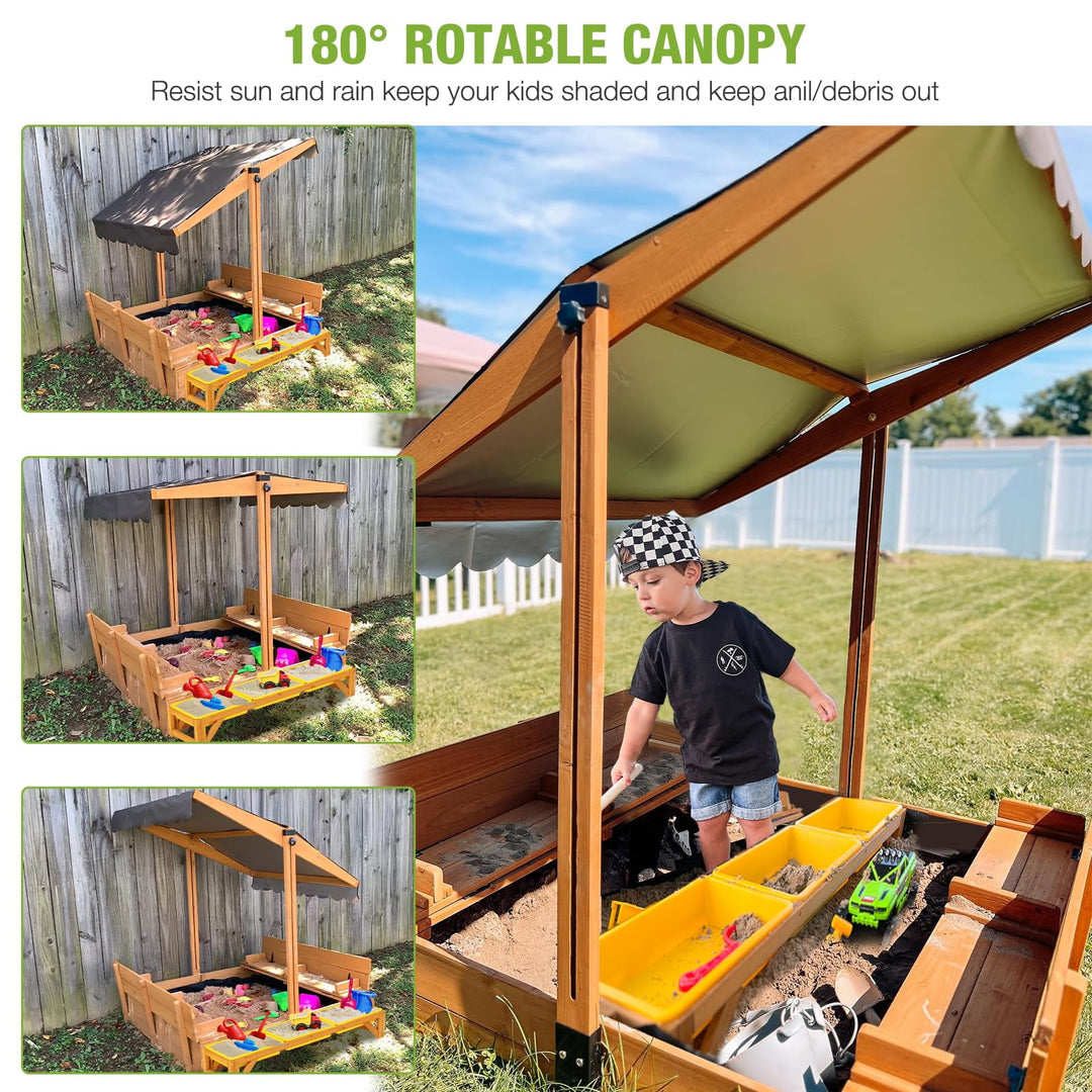 Sandbox with Lid and Cover for Kids Outdoor Sand Box with 3 Toy Bins, 2 Foldable Bench Seats, Adjustable Canopy and Sand Protection Liner, 47.2" L x 47.2" W x 51.9" H GUT08-N