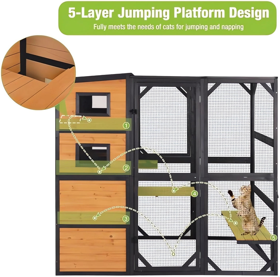 MEDEHOO 77" Large Catio Cat Enclosure for Outdoor, Weatherproof Window Catio with Roof, with 4 Resting Platforms, Indestructible Feral Cat Shelter for Backyard