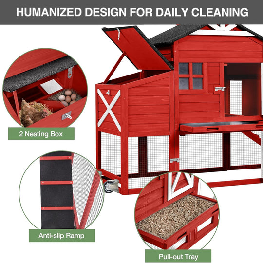 MEDEHOO Outdoor Chicken Coop with Run, 2-Story Wooden Hen House with Wheels, Waterproof Roof &amp; Pull-Out Tray for 2-4 Chickens (Red) AIR32-R-D11-WM