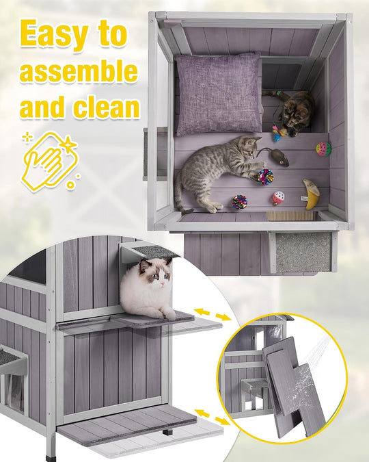 MEDEHOO 2-Story Outdoor Cat House, Weatherproof Feral Cat Shelter, Wooden Cat Cage for Outdoor and Indoor Cats Gray